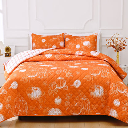 BLEUM CADE 3 Pieces Fall Quilt Set Queen Size, Thanksgiving Reversible Bedding Set Pumpkins Quilt Set, Soft Lightweight Bedspread Coverlet Set Queen