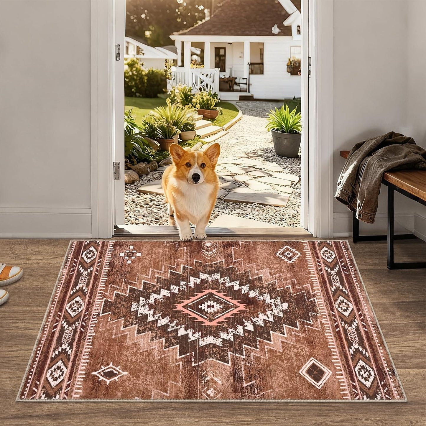 Bleum Cade Moroccan Bathroom Rug,Washable 2x3 Small Bath Mat, Boho Tribal Soft Non-Slip Geometric Entry Way Rug, Low-Pile Indoor Carpet for Bedside Entrance Laundry,Brown