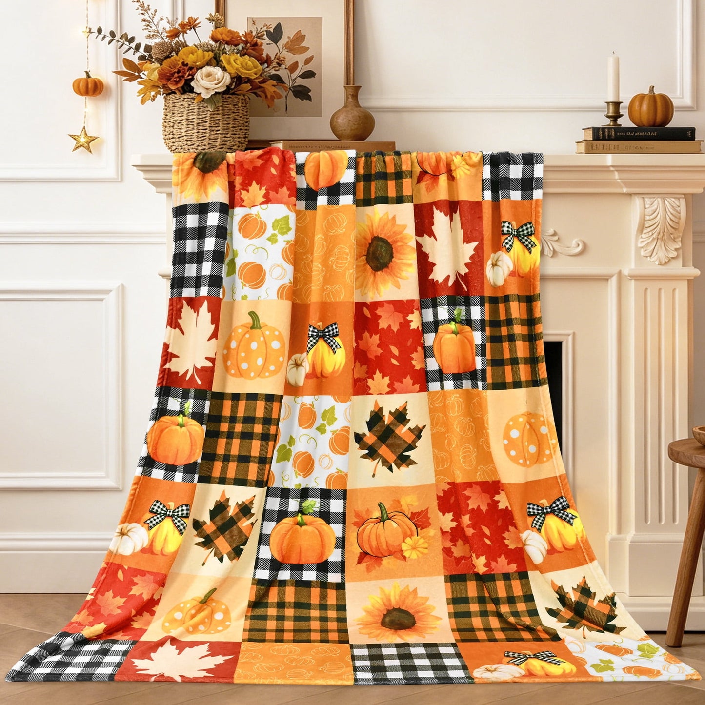 Bleum Cade Fall Throw Blanket,Pumpkin Maple Leaves Plaid Blanket,Cozy Flannel Autumn Throw Blankets for Bed Couch Sofa,Fall Decor Gift (50"x 60")