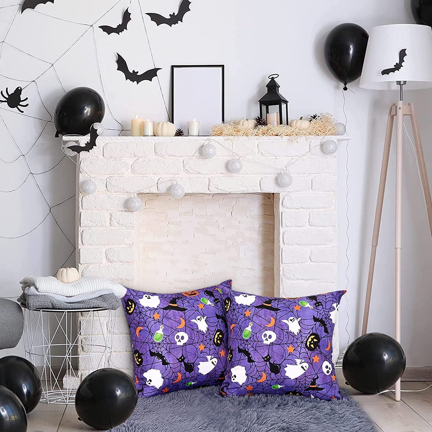 BLEUM CADE Halloween Pillow covers 18 x 18 inches Set of 2,Pumpkin Ghost Spider Web Halloween Decor,Purple