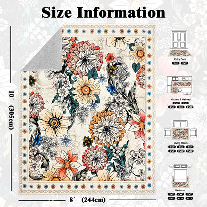 Bleum Cade Floral Area Rugs for Living Room 8x10, Boho Washable Rug, Soft Low Pile Faux Wool Non Slip Indoor Rug Carpet for Bedroom, Dining Room,White