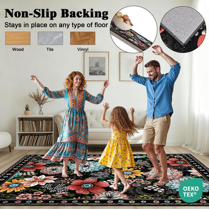 Bleum Cade Floral Area Rug for Living Room 5x7, Boho Washable Rug, Soft Faux Wool Indoor Rug Carpet for Living Room Bedroom, Black