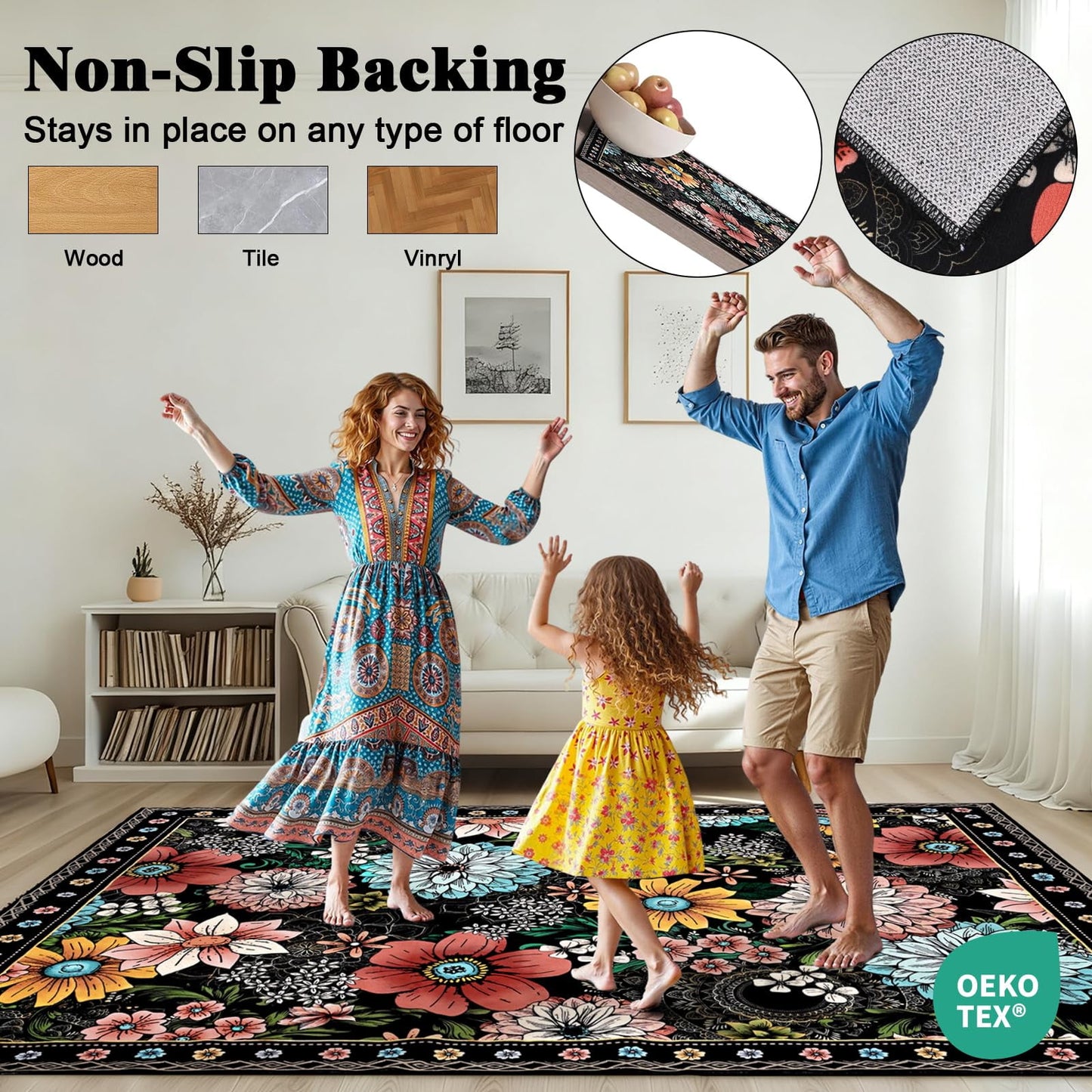 Bleum Cade Floral Area Rugs for Living Room 8x10, Boho Washable Rug, Soft Faux Wool Indoor Rug Carpet for Living Room Bedroom, Black