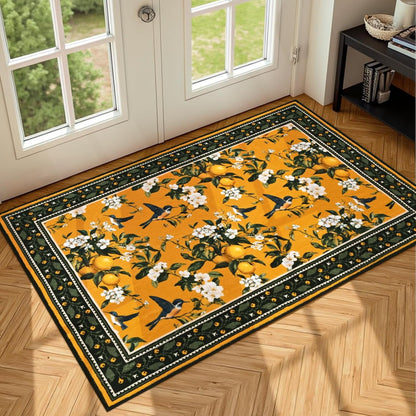 BLEUM CADE Yellow Floral Area Rug 2x3 Hummingbird Spring Foldable Vintage Rug Outdoor Lemon Welcome Mat with Rubber Backing