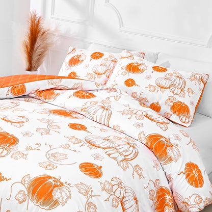 BLEUM CADE 3 Pieces Fall Duvet Cover Set,King Size Thanksgiving Pumpkins Lightweight Comforter Cover Set,Reversible Buffalo Plaid Bedding Cover Quilt Set