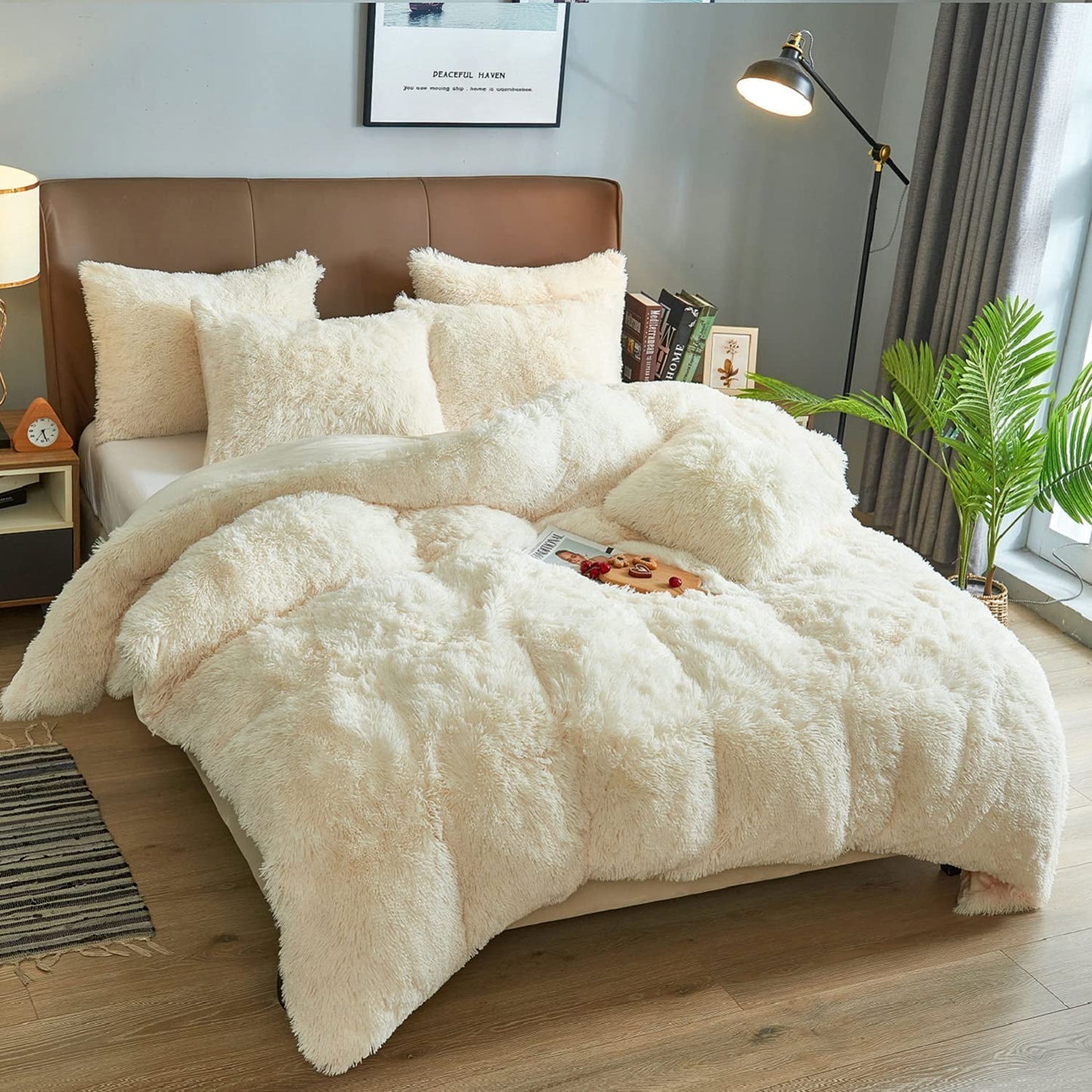 BLEUM CADE Luxury Fluffy Fuzzy Twin Bedding Comforter Set，3 Pieces Shaggy Duvet Cover Set，Furry Plush Velvet Comforter Cover with Zip Closure，Twin，Creamy-White