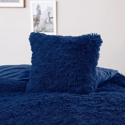 BLEUM CADE Luxury Fluffy Fuzzy King Bedding Comforter Set,4 Pieces Shaggy Duvet Cover Set,Furry Plush Velvet Comforter Cover with Zip Closure,Queen,Navy Blue