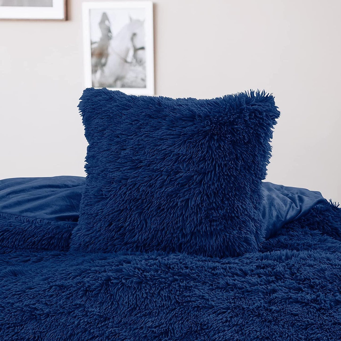 BLEUM CADE Luxury Fluffy Fuzzy Twin Bedding Comforter Cover Set,3 Pieces Shaggy Duvet Cover Set,Furry Plush Velvet Comforter Cover with Zip Closure,Twin,Navy Blue