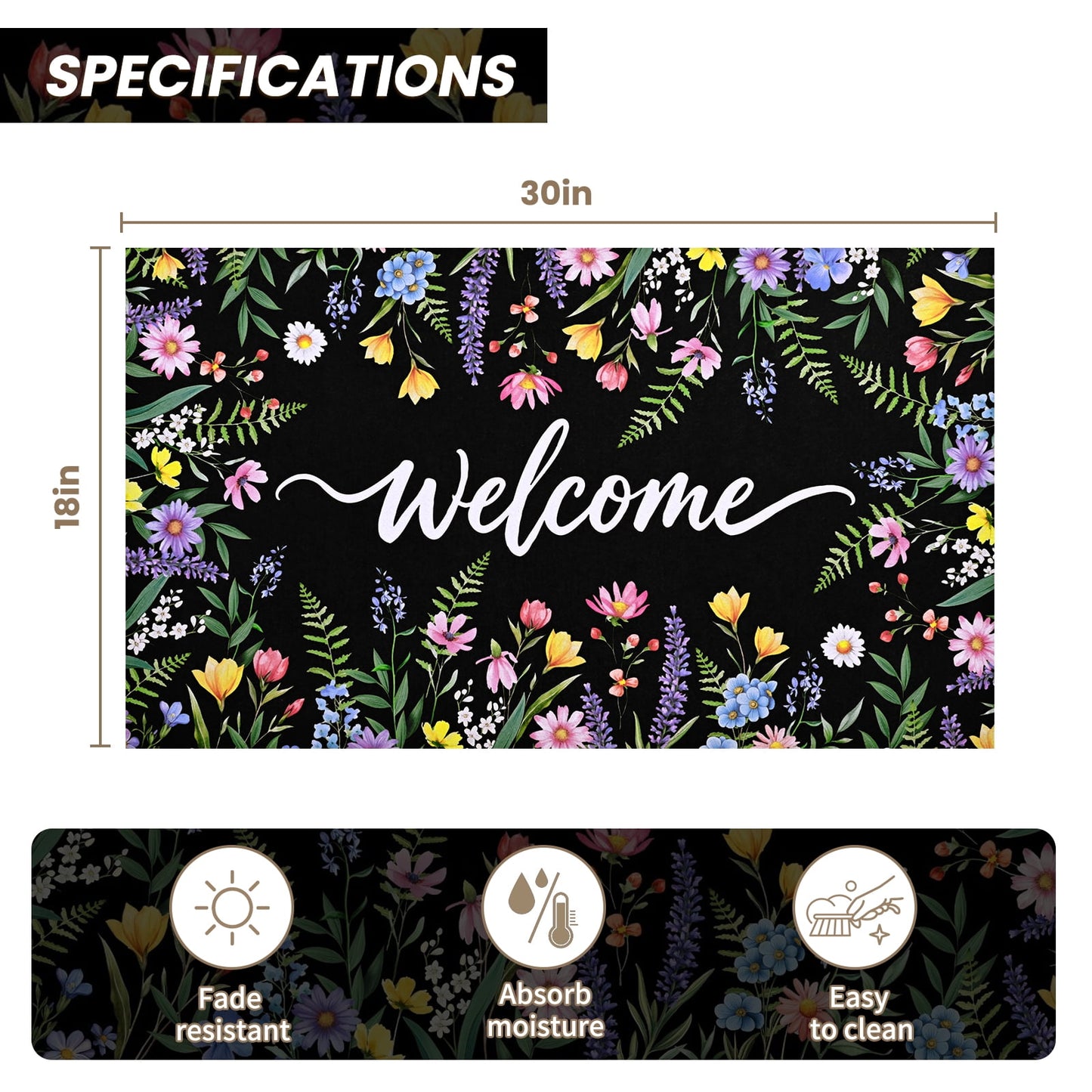 BLEUM CADE Flower Door Mat 18" x 30" Low Profile Outdoor Doormats Non Slip Rubber Backing Welcome Mat for Outdoor Front Porch Patio