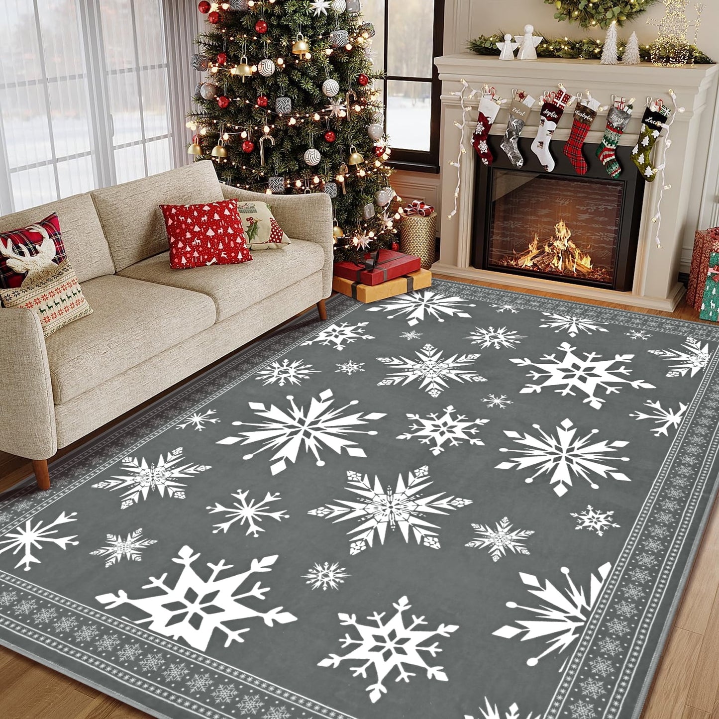 Bleum Cade Christmas Snowflake 5'x7' Area Rugs for Living Room,Gray Washable Rugs for Bedroom Dinning Room,Soft Low Pile Rug,Non Slip Durable Large Carpet for Christmas Decorations