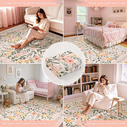 Bleum Cade 5'x7' Pink Rugs for Living Room,Boho Washable Floral Rugs for Bedroom Girls Room Decor,Ultra Soft Faux Wool Non Slip Low Pile Stain Resistant Carpet for Kids Living Dining Room Indoor