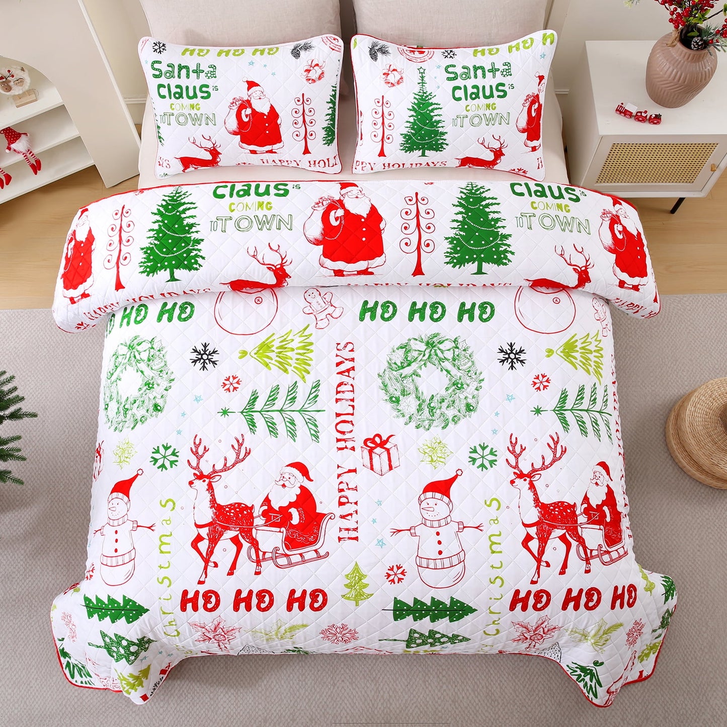 BLEUM CADE Christmas Quilt Sets Queen Size, 3 Pieces Christmas Tree Snowman Bedspread Coverlet Sets,Reversible Lightweight Xmas Coverlet Bedding Quilts Set(1 Quilt, 2 Pillow Shams)