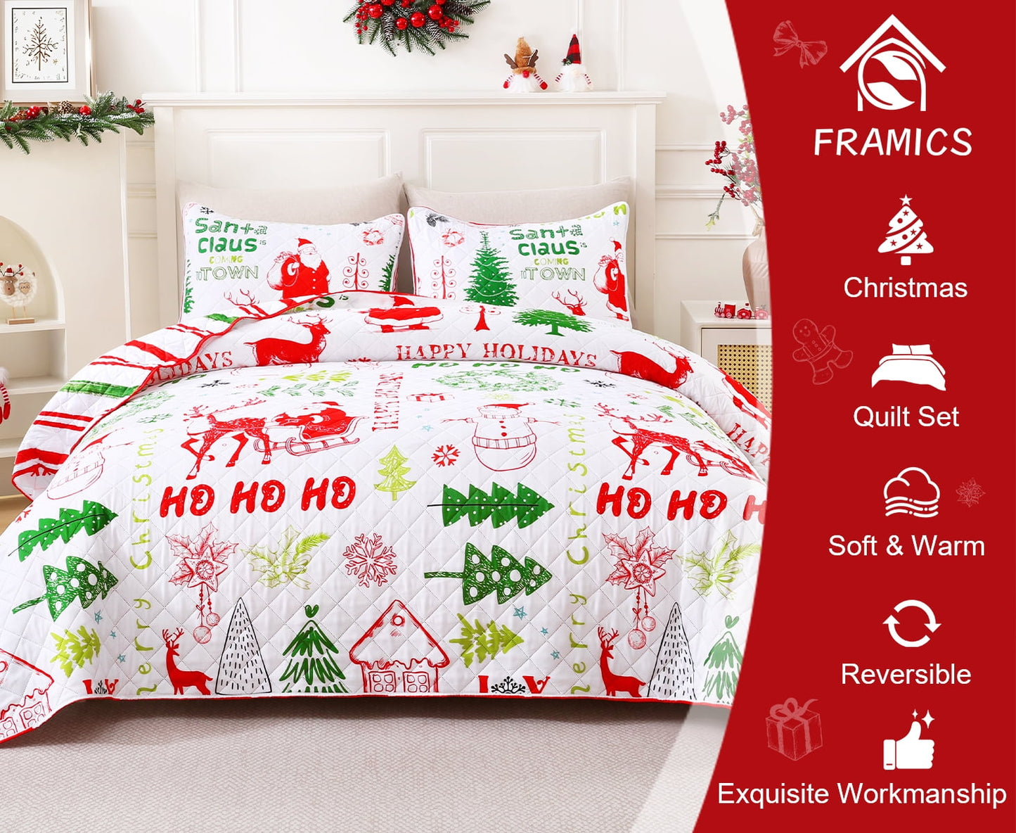 BLEUM CADE Christmas Quilt Sets Queen Size, 3 Pieces Christmas Tree Snowman Bedspread Coverlet Sets,Reversible Lightweight Xmas Coverlet Bedding Quilts Set(1 Quilt, 2 Pillow Shams)