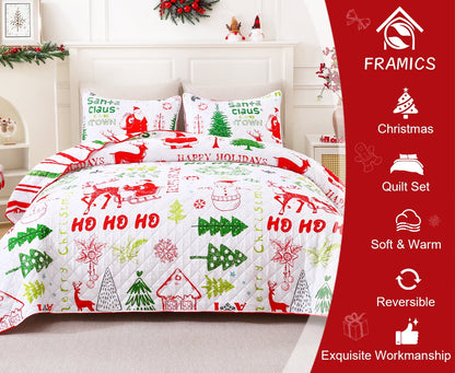 BLEUM CADE Christmas Quilt Sets Queen Size, 3 Pieces Christmas Tree Snowman Bedspread Coverlet Sets,Reversible Lightweight Xmas Coverlet Bedding Quilts Set(1 Quilt, 2 Pillow Shams)