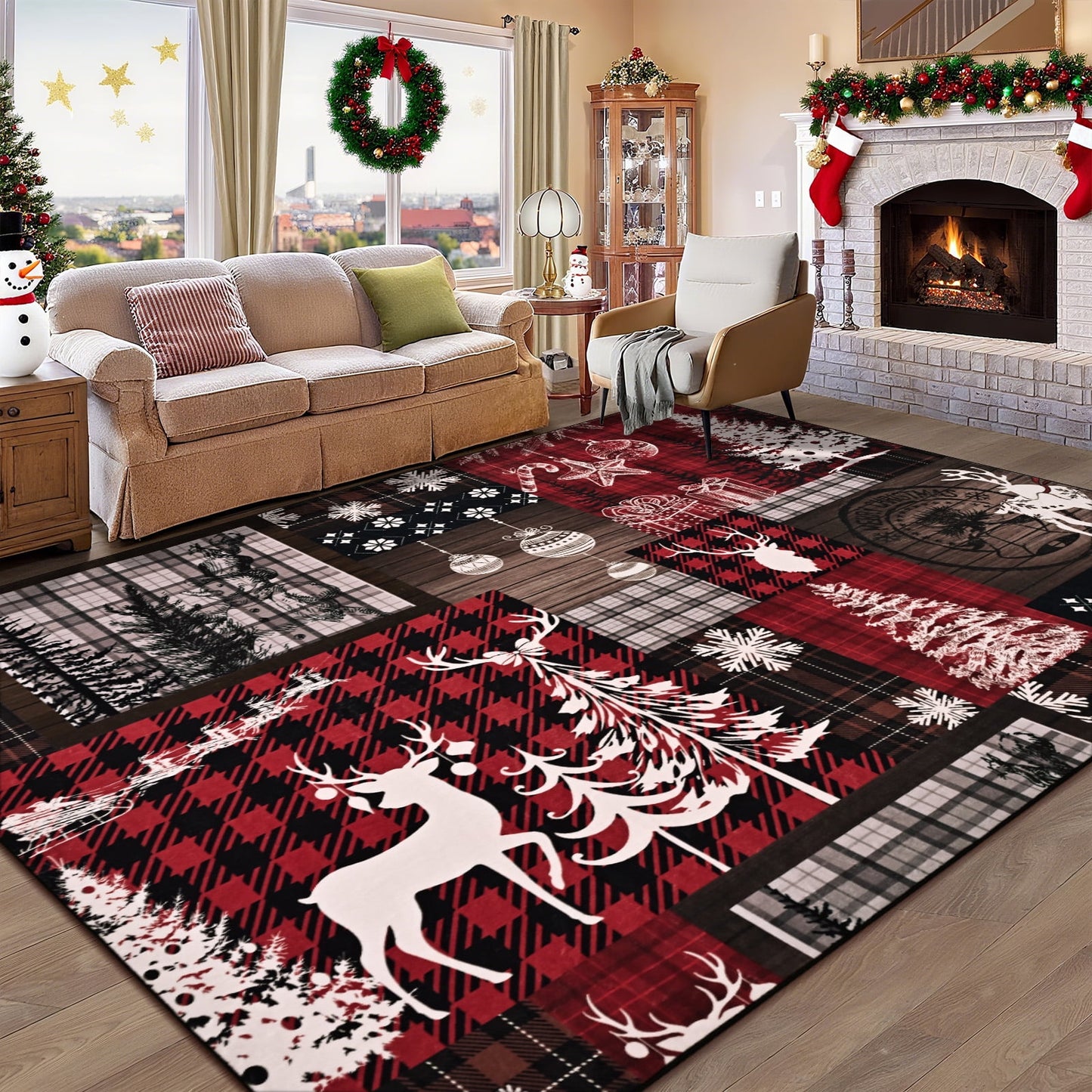 Bleum Cade Christmas Rugs for Living Room 8x10 Area Rug,Christmas Tree Snowflake Washable Rug for Bedroom,Non Slip Durable Soft Buffalo Plaid Throw Rugs, Xmas Carpet for Dining Room