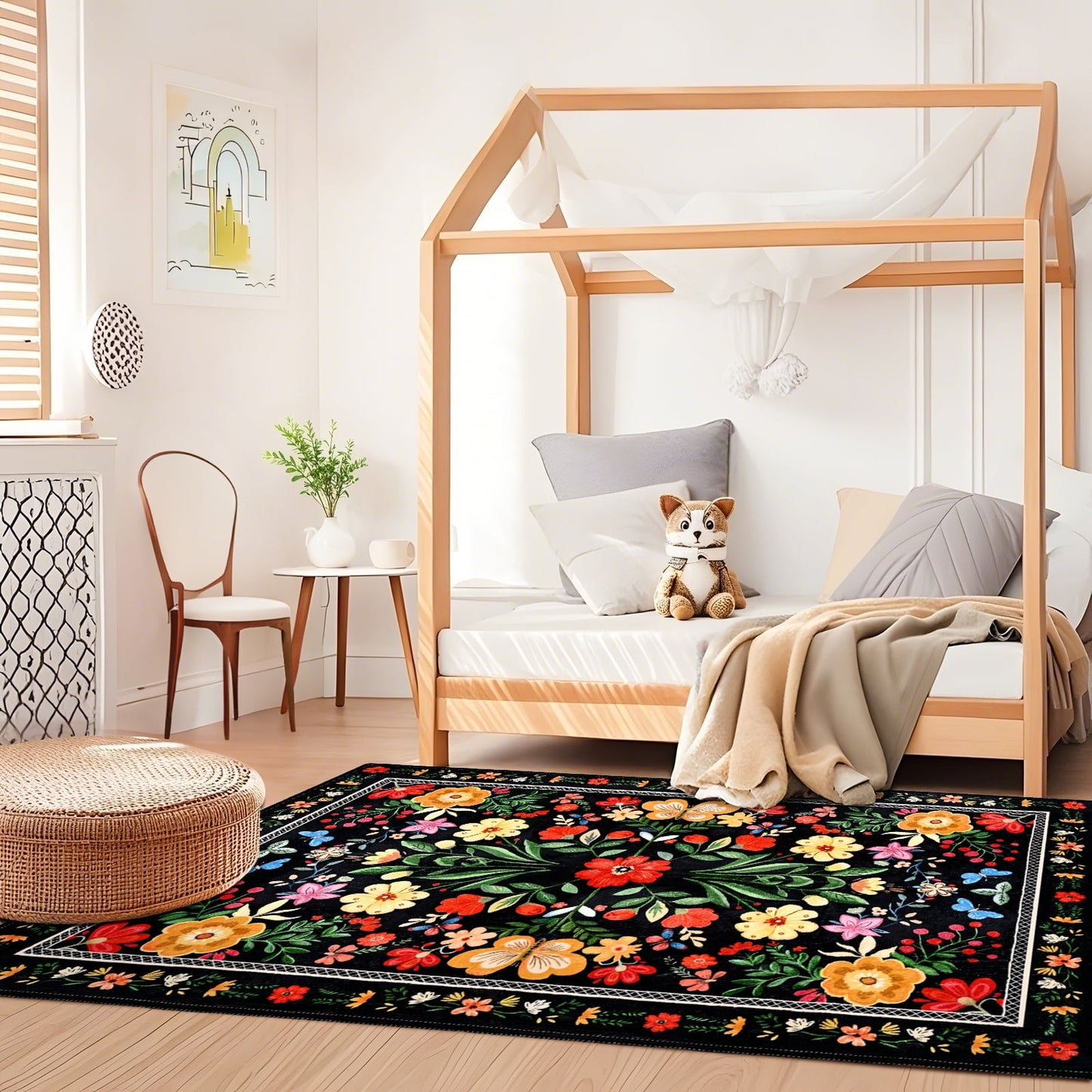 Bleum Cade Area Rugs for Doormat 2X3,Spring Boho Floral Rug, Machine Washable Non Slip Welcome Mat, Low Pile Carpet for Entryway, Kitchen, Front Door Indoor Entrance,Black