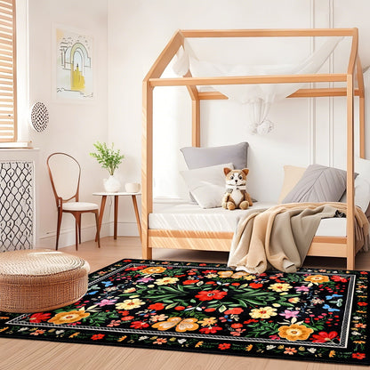 Bleum Cade Area Rugs for Doormat 2X3,Spring Boho Floral Rug, Machine Washable Non Slip Welcome Mat, Low Pile Carpet for Entryway, Kitchen, Front Door Indoor Entrance,Black