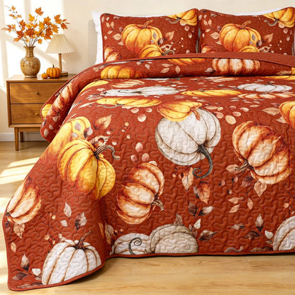 Bleum Cade 3 Pieces Fall Pumpkin King Quilt Set,Autumn Harvest Maple Leaves Bedding Set,Soft Lightweight Thanksgiving Decor Coverlet Set for King Bed,(Brown,90"x 104")