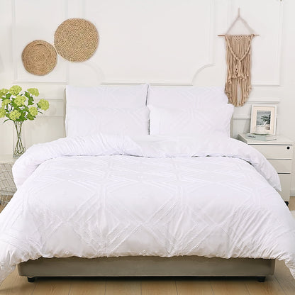 BLEUM CADE 3 Pieces Comforter Set King Size Soft Breathable Duvet Cover Set,Tufted Geometric Bed Comforter Cover Set,White